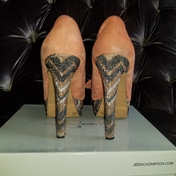 Peach Suede Platforms w/ crystal encrusted heels - Picture 2 of 4
